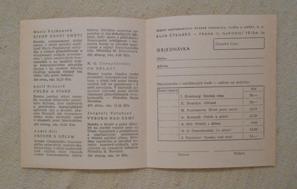 Knižní objednací lístek SNKLHU - Klub čtenářů z roku 1953-1954