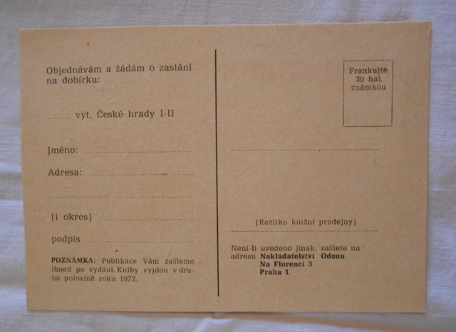 Knižní objednací lístek nakladatelství Odeon z roku 1972
