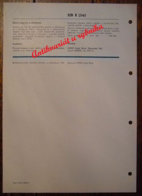 Katalogový list stavebních výrobků ČSSR - Plynová kamna K-12 Carmino 1972