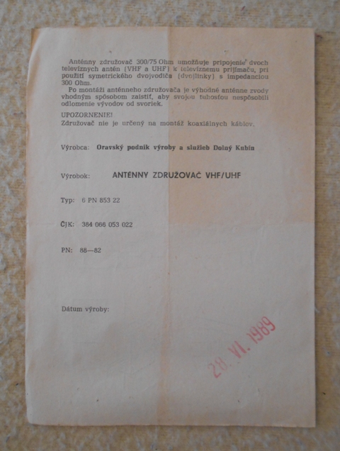 Návod Anténny združovač VHF / UHF - 1989