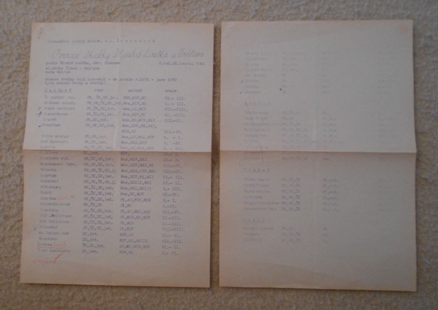 Zahradnický leták Ovocná školka Dlouhá Loučka u Uničova - 1971-72