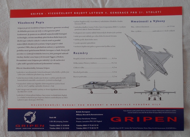 Propagační karta Gripen bojový letoun 4. generace - 1997