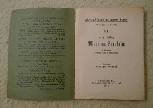 G.E. Lessing - Minna von Barnhelm - Brno 1930 - německy