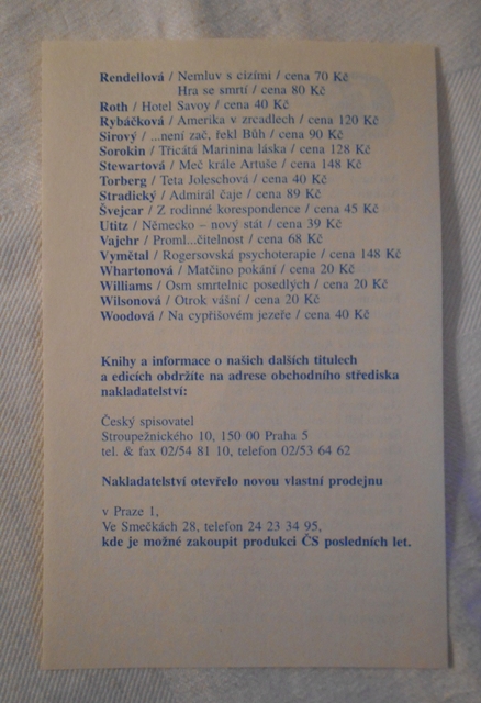 Knižní nabídkový lístek Český spisovatel - 90. léta