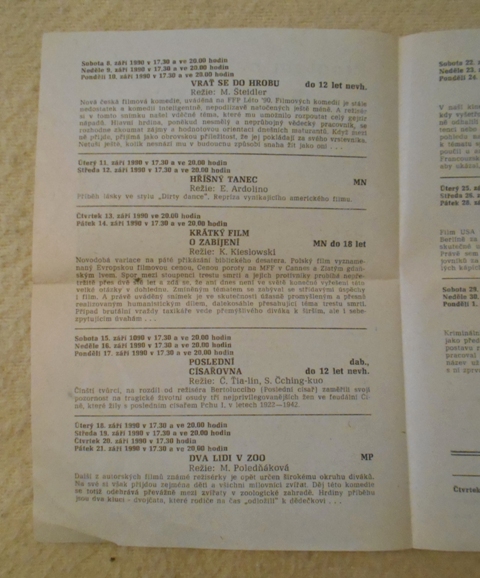Program městského kina Družba Uničov na měsíc září 1990