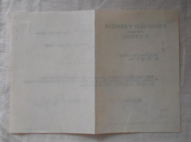 Státní lesy v Krnově závod Litovel - zápujční lístek 1967