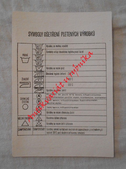 Instruktážní a propagační karta Jitex Písek - Symboly ošetření pletených výrobků