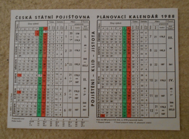 Reklamní Plánovací kalendář Česká státní pojišťovna - rok 1988