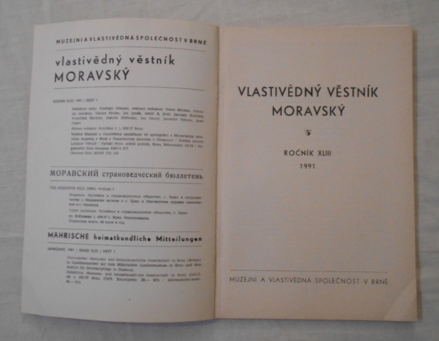 Časopis Vlastivědný věstník moravský rok 1991 číslo 1