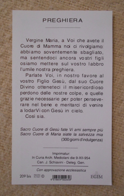 Svatý obrázek Sacri Cuori di Gesú e Maria - italsky