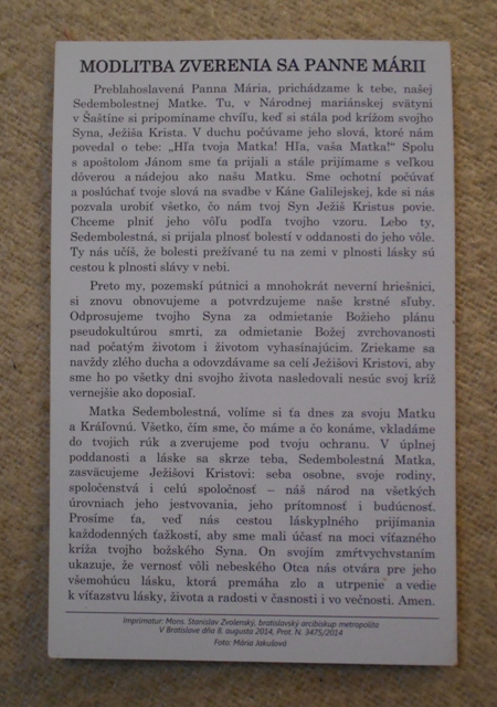 Svatý obrázek Matka Sedembolestná, naša Patrónka, oroduj za nás u syna! - slovensky