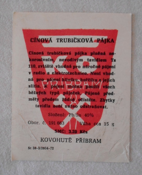 Příbalový lístek a návod Kovohutě Příbram - Cínová trubičková pájka - 70. léta