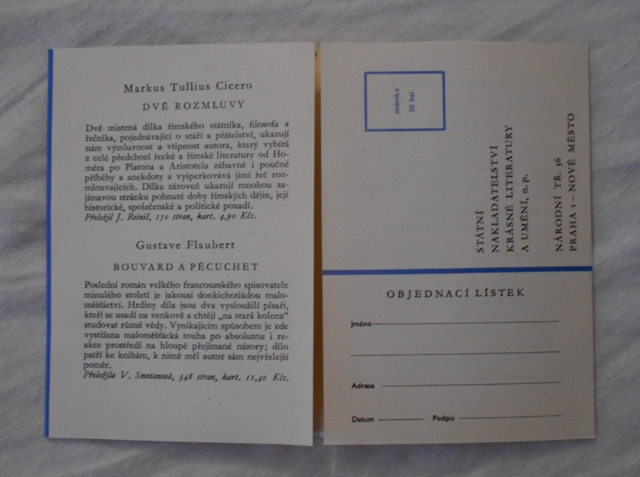 Objednávkový lístek na knihy Edice Světová četba - SNKLU 1959