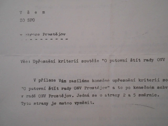Dopis Upřesnění kritérií soutěže O putovní štít rady ONV Prostějov - 1989