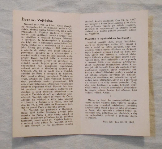 Pamětní a modlitební lístek Sv. Vojtěch - 1947