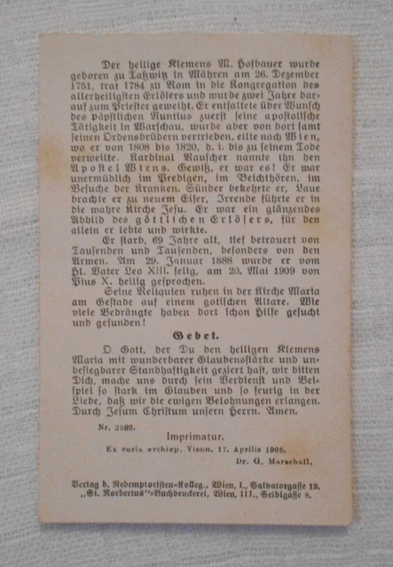 Svatý obrázek Svatý Klement Maria Hofbauer C.Ss.R - Imprimatur 1905 - německy kurentem