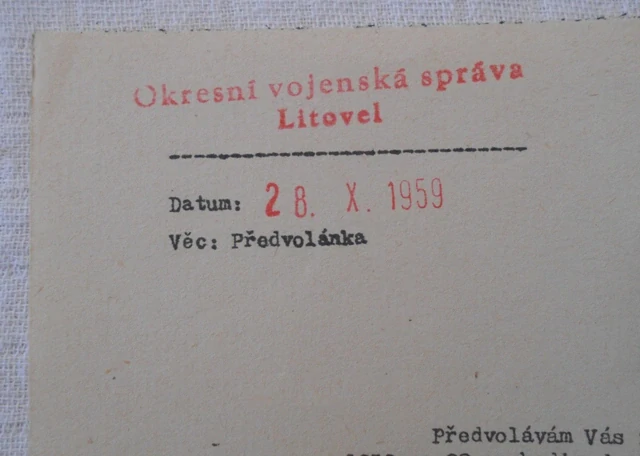 Okresní vojenská správa Litovel - Předvolánka na velitelskou přípravu důstojníků v záloze - 1959