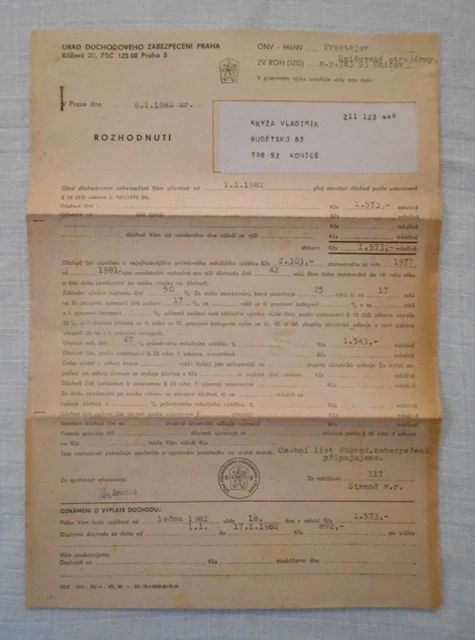 Osobní list důchodového zabezpeční Rozhodnutí o přiznání starobního důchodu Praha 1982