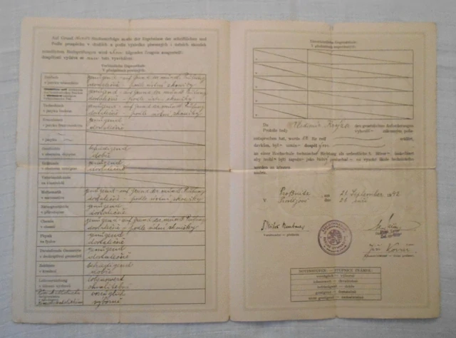 Reifeprüfung. Vysvědčení dospělosti. Reálné gymnázium Prostějov 1942