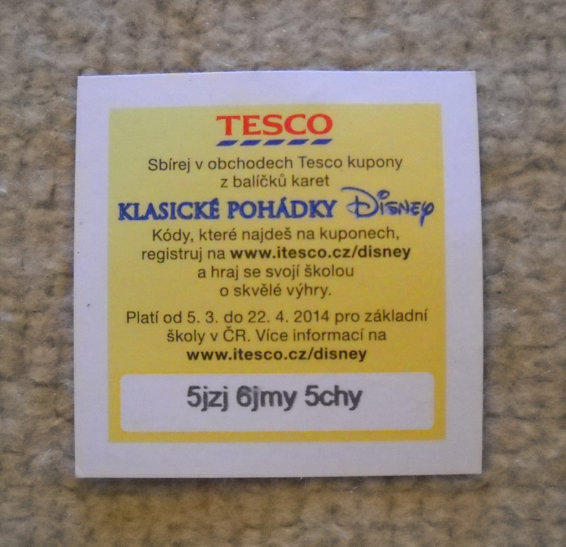 Sběratelská kartička Tesco Disney pohádky - kupon s kódem