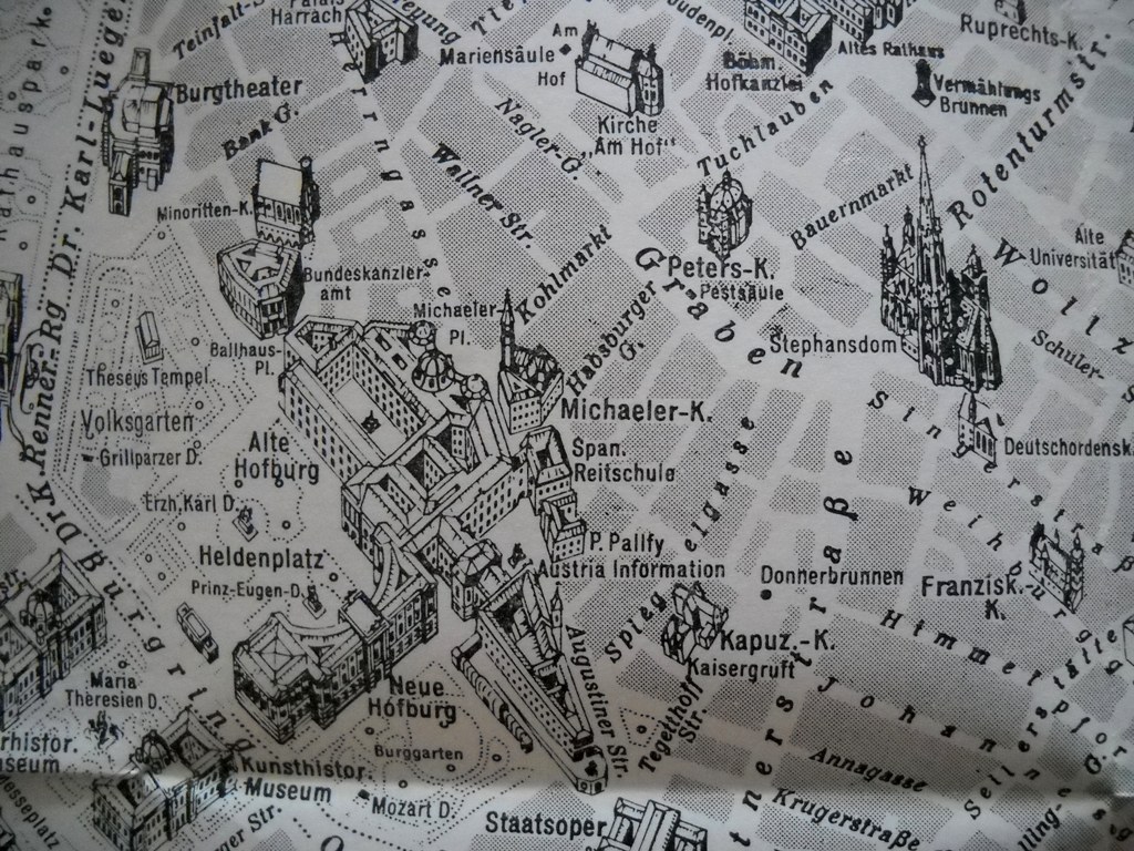 Mapa - Plán města Vídeň - černobílý s kreslenými památkami