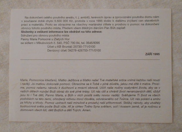 Propagační leták Panna Maria Pomocná - Maria Hilf Zlaté Hory - 1995