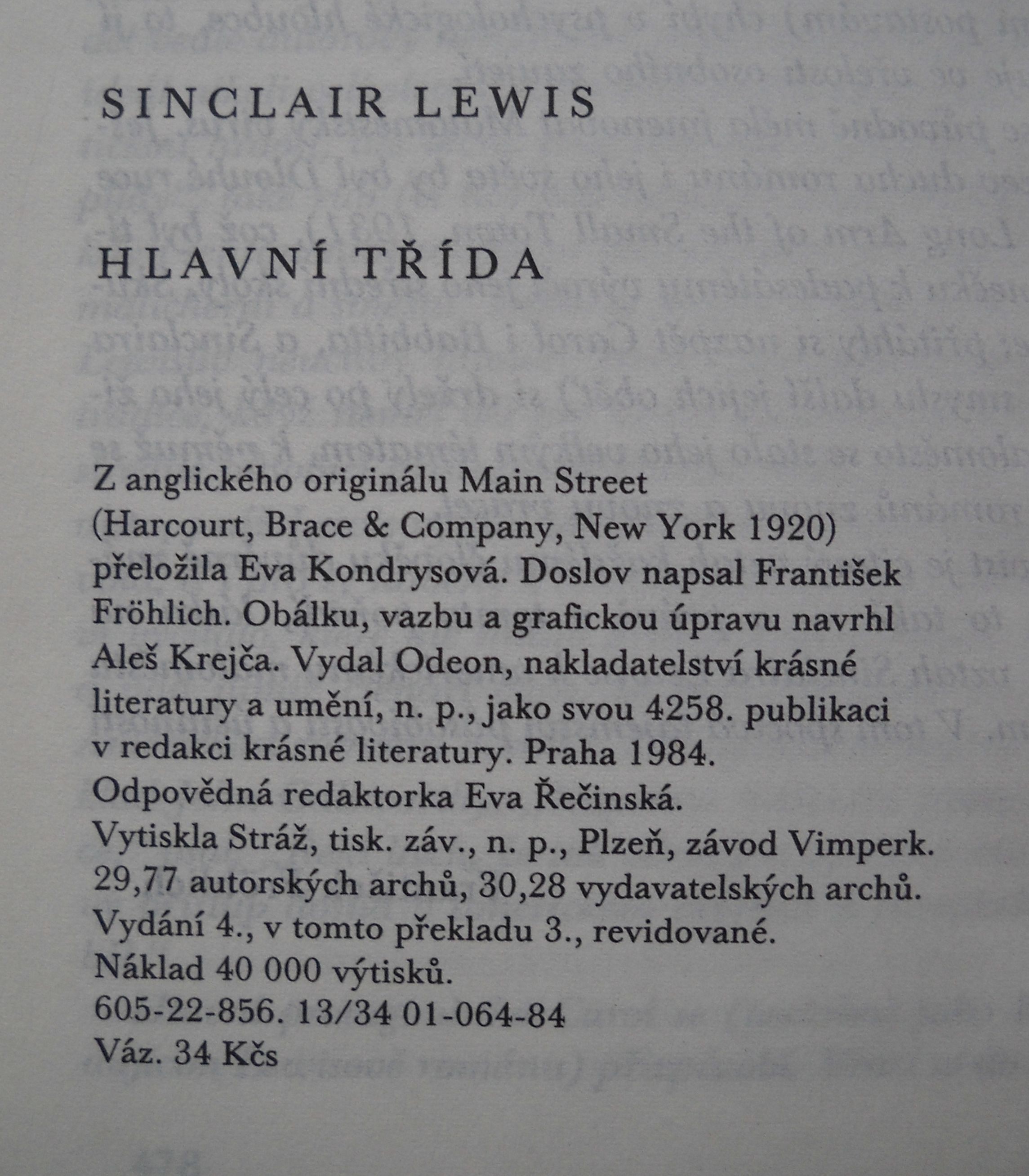Sinclair Lewis - Hlavní třída - Odeon 1984