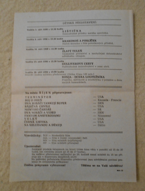 Program městského kina Družba Uničov na měsíc září 1990