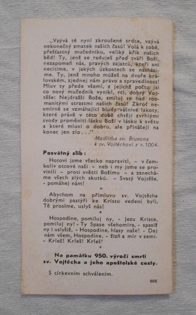 Pamětní a modlitební lístek Sv. Vojtěch - 1947