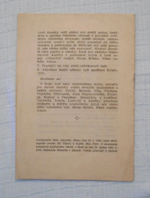 Modlitební lístek Litanie k blahoslavené Anežce Přemyslovně - Imprimatur 1942