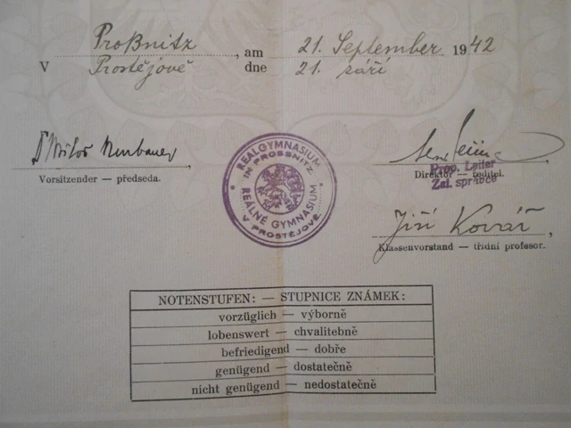 Reifeprüfung. Vysvědčení dospělosti. Reálné gymnázium Prostějov 1942