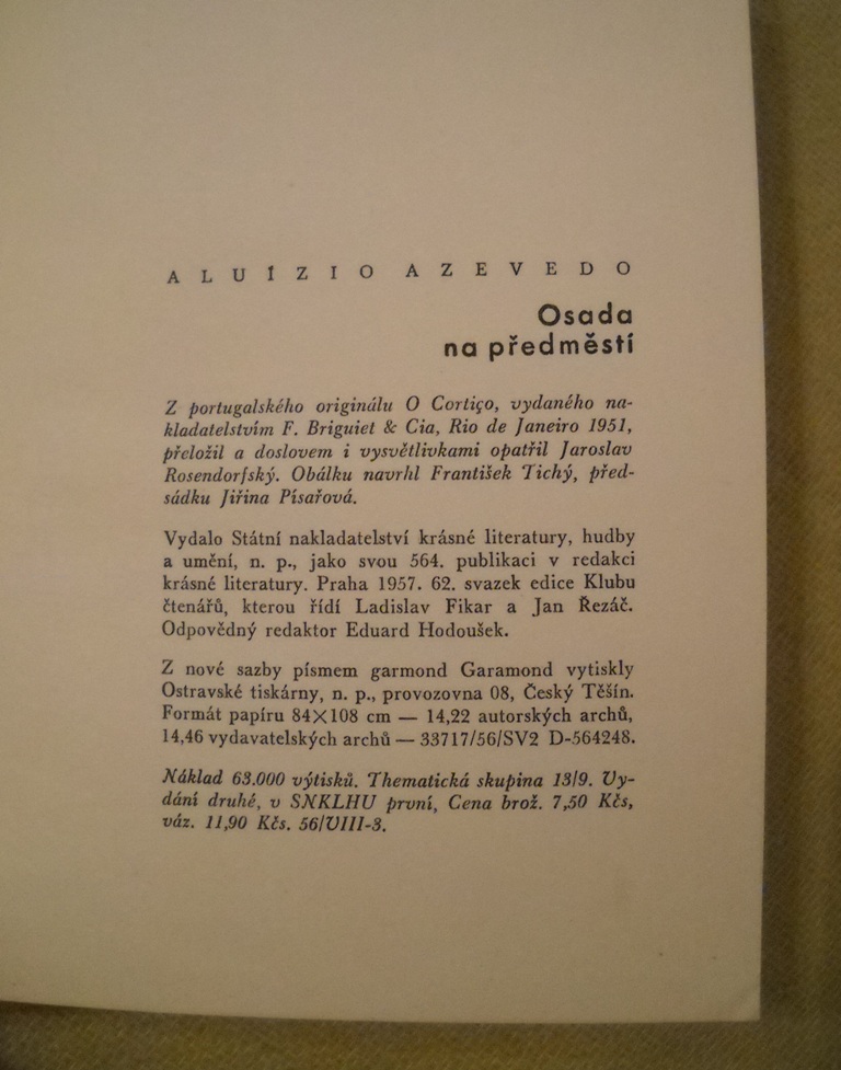 Aluízio Azevedo - Osada na předměstí - SNKLHU 1957