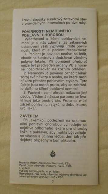 Zdravotnický leták Pohlavní nemoci - 1986