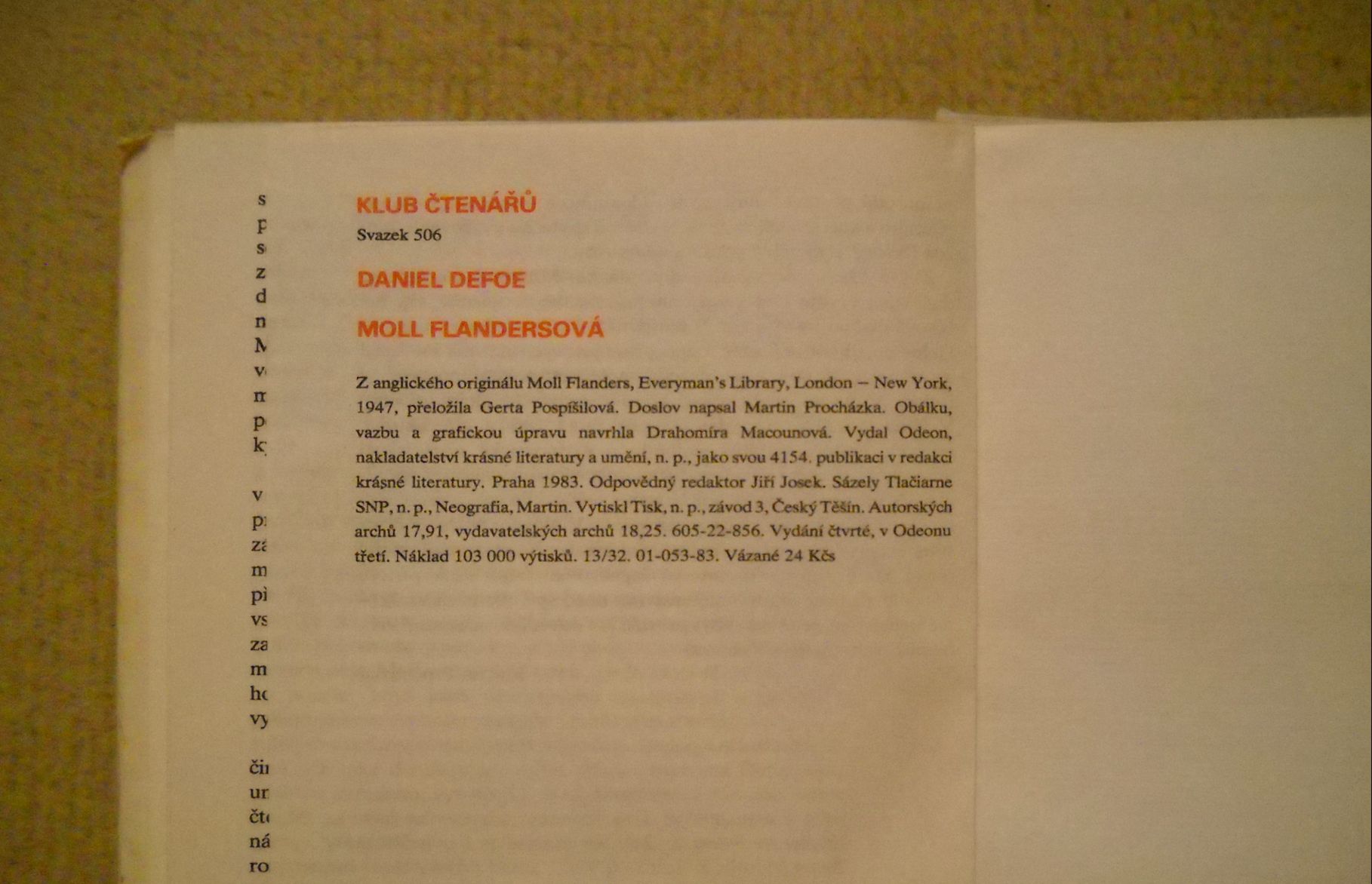 Daniel Defoe - Moll Flandersová - Odeon 1983