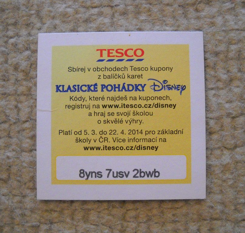 Sběratelská kartička Tesco Disney pohádky - kupon s kódem