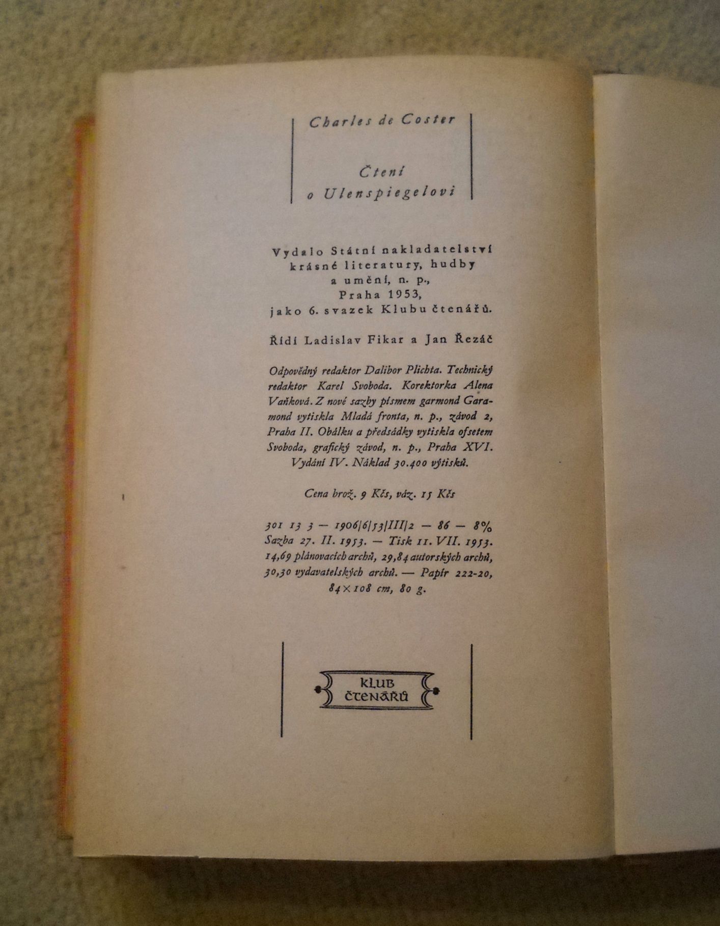 Charles de Coster - Čtení o Ulenspiegelovi - 1953