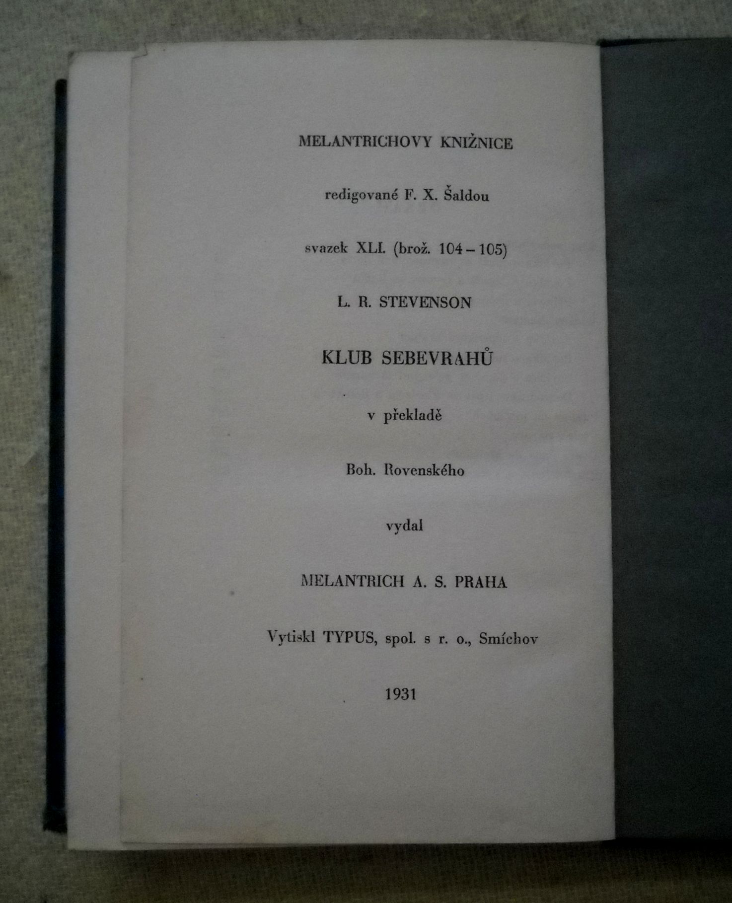Robert Louis Stevenson - Klub sebevrahů - Melantrich 1931