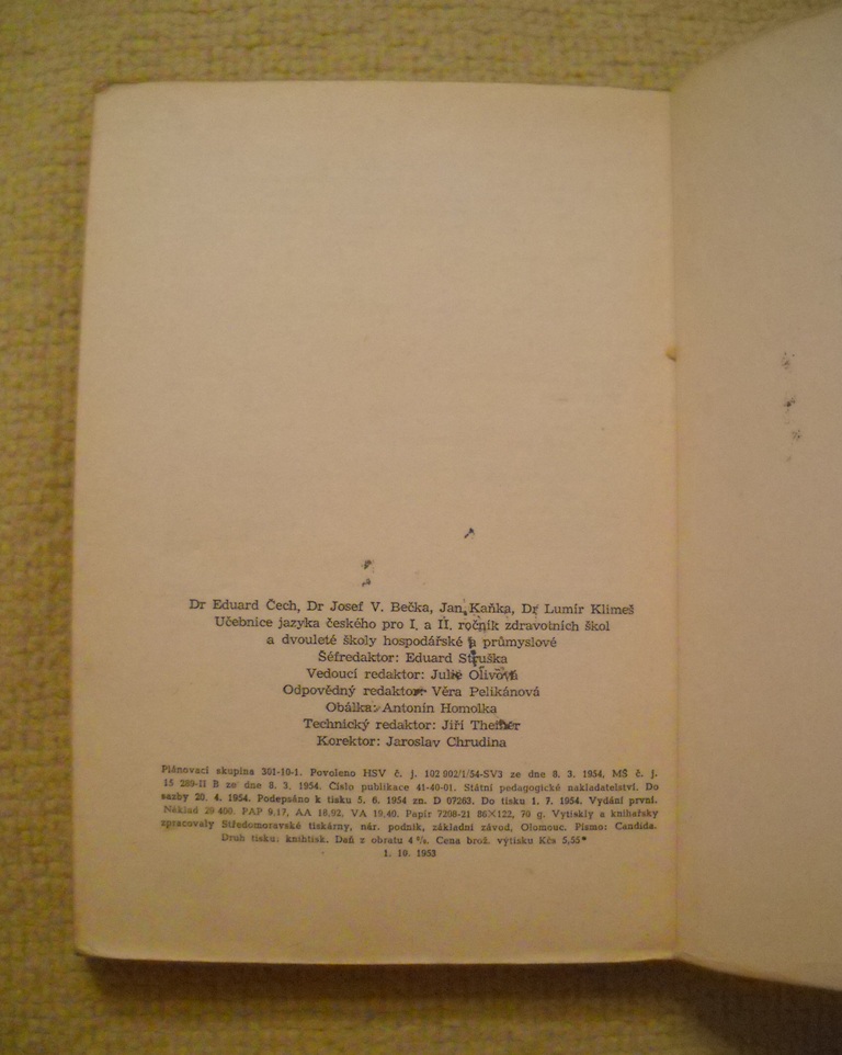 Učebnice jazyka českého pro zdravotnické školy - 1954