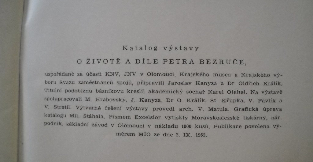Katalog výstavy života a díla Petra Bezruče - Olomouc 1952