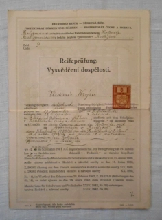Reifeprüfung. Vysvědčení dospělosti. Reálné gymnázium Prostějov 1942