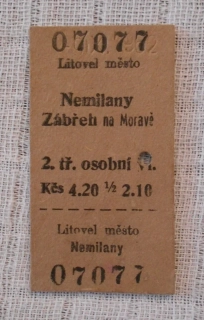 Jízdenka ČSD lepenková Litovel město-Nemilany - rok 1982