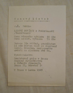 Cenový lístek - podklady k platbě za knihu - DPP 1949
