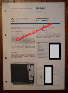 Katalogový list stavebních výrobků ČSSR - Plynová kamna K-12 Carmino 1972