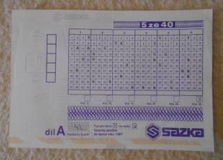 Sazka 5 ze 40 - vyplněný sázkový tiket 1987