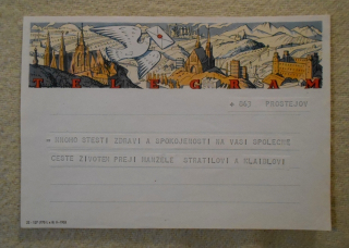 Telegram - holubice nad dominantami ilustrovaný doručovací formulář použitý - 1955