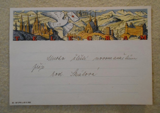 Telegram - holubice nad dominantami ilustrovaný doručovací formulář použitý - 1955