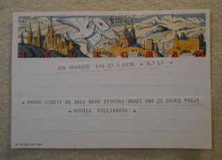 Telegram - holubice nad dominantami ilustrovaný doručovací formulář použitý - 1955