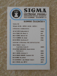 Reklamní kalendář Sigma Olomouc Ústřední prodej - rok 1986