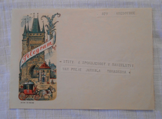 Telegram - V. Kubašta ilustrovaný doručovací formulář použitý - 1956