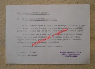 Sbor požární ochrany v Hrochově - Předvolání k technické prohlídce - MNV 1988